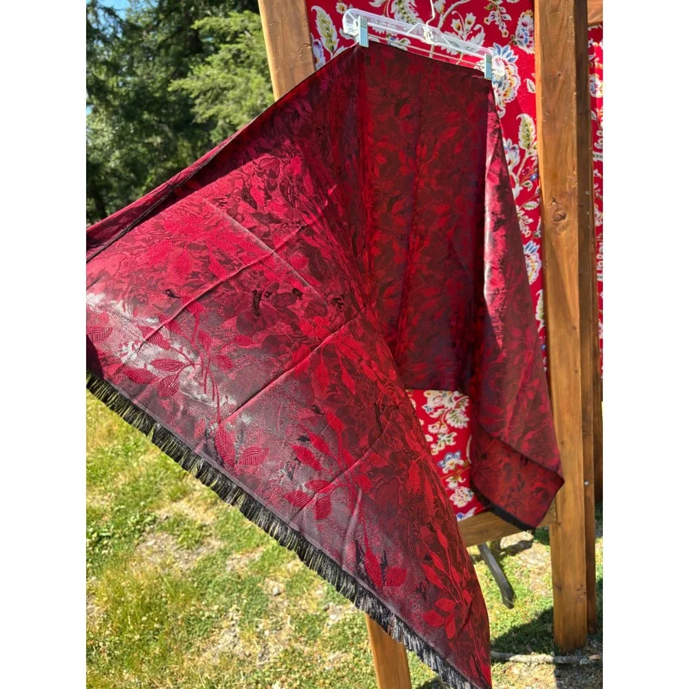 NWT Vintage Silk Blend Red+Black Romantic Goth Floral Witchy Scarf